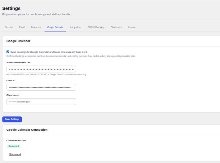 Appointure Google Calendar settings with OAuth client and connection | PluginSprout The Google Calendar settings, with the client values hidden