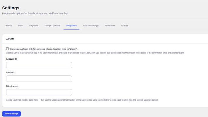 Appointure integrations settings for Zoom, with a note on Google Meet | PluginSprout Zoom is set up on the Integrations tab. Meet uses the Google Calendar connection
