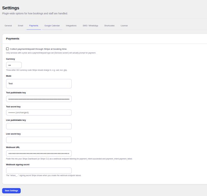 Appointure Stripe payment settings with currency, mode, keys and webhook | PluginSprout Stripe settings, with keys hidden