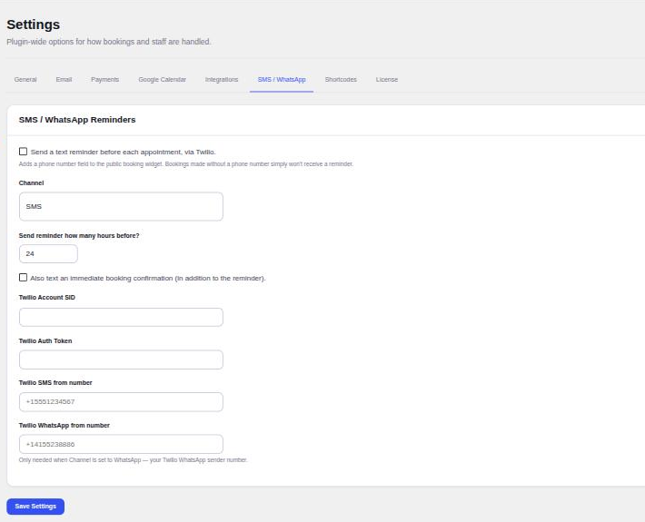 Appointure SMS and WhatsApp reminder settings using Twilio | PluginSprout Text reminders through Twilio, by SMS or WhatsApp