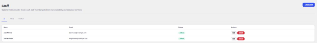 The staff list appears once multi-provider mode is on