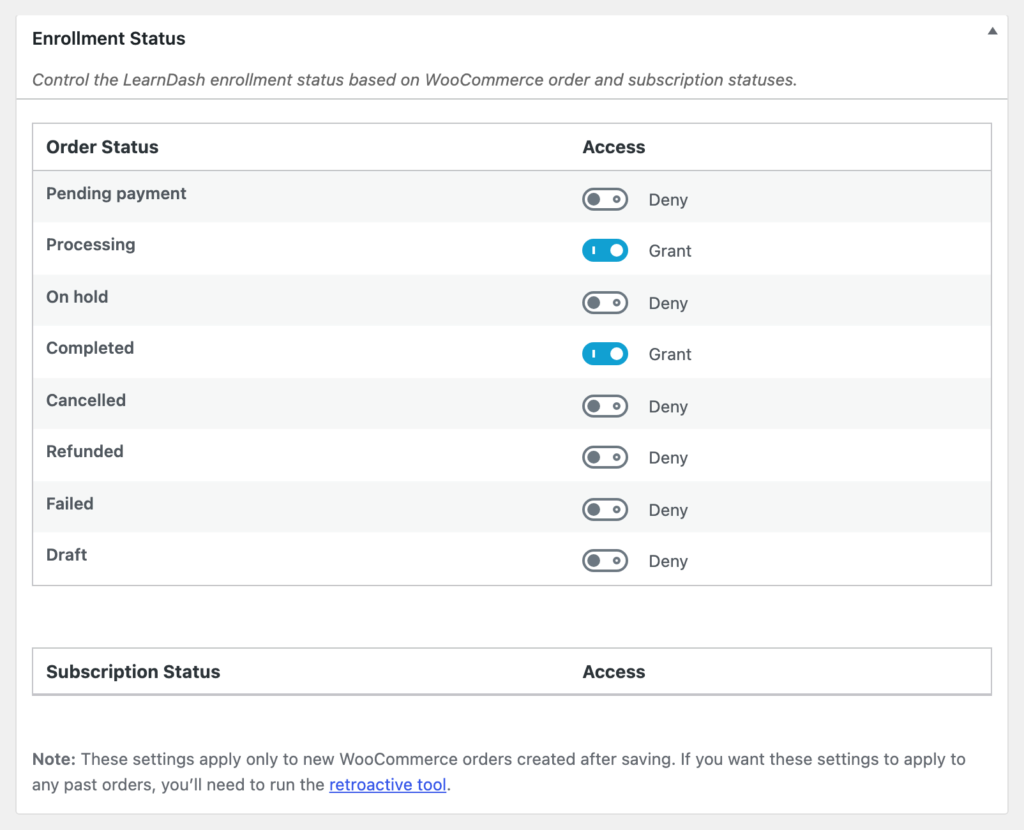 pluginsprout-ld-enrollment-refunded-deny | PluginSprout LearnDash LMS, WooCommerce settings on our lab, Enrollment Status panel: Processing and Completed set to Grant; Pending payment, On hold, Cancelled, Refunded, Failed and Draft set to Deny; a note says the settings apply only to new orders created after saving.
