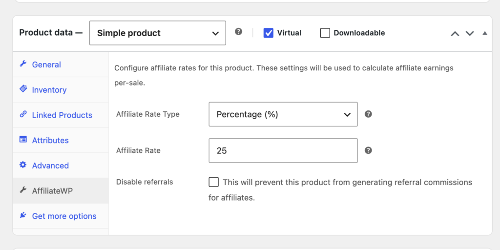 pluginsprout-rc-course-product-rate | PluginSprout The AffiliateWP tab in the Product data box on our lab: Affiliate Rate Type set to Percentage, Affiliate Rate 25, Disable referrals unticked.