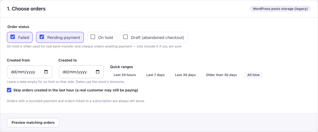 Spam Order Cleaner choose orders | PluginSprout The Clean Up tab: order statuses, a date range, quick ranges and the last-hour safety option