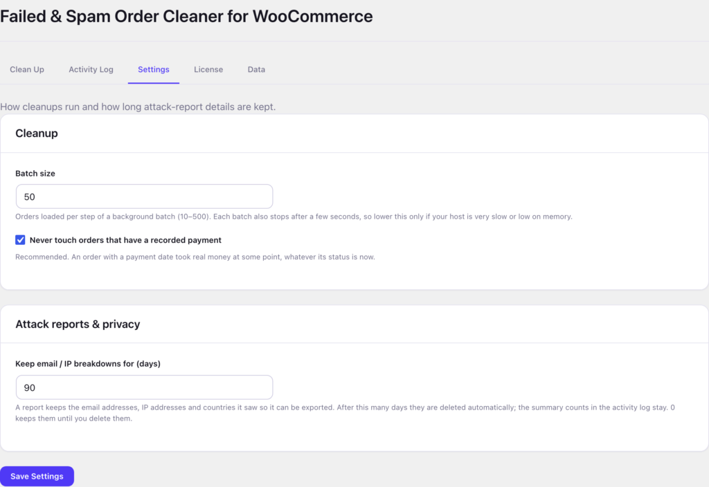 Spam Order Cleaner settings | PluginSprout Settings: batch size, the paid-order protection and how long breakdowns are kept