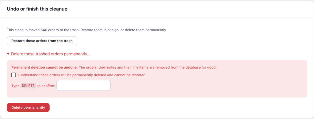 Spam Order Cleaner undo | PluginSprout Restore the whole run, or delete the trashed orders for good