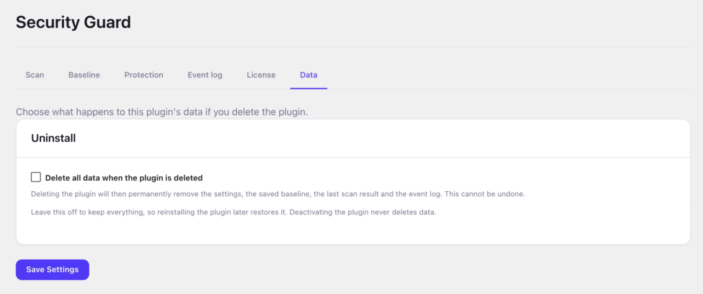 Security Guard Data tab | PluginSprout Security Guard Data tab: plugin data is kept on delete unless you tick the box