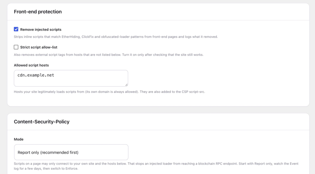 Security Guard front-end protection: the script filter and the Content-Security-Policy in report-only mode