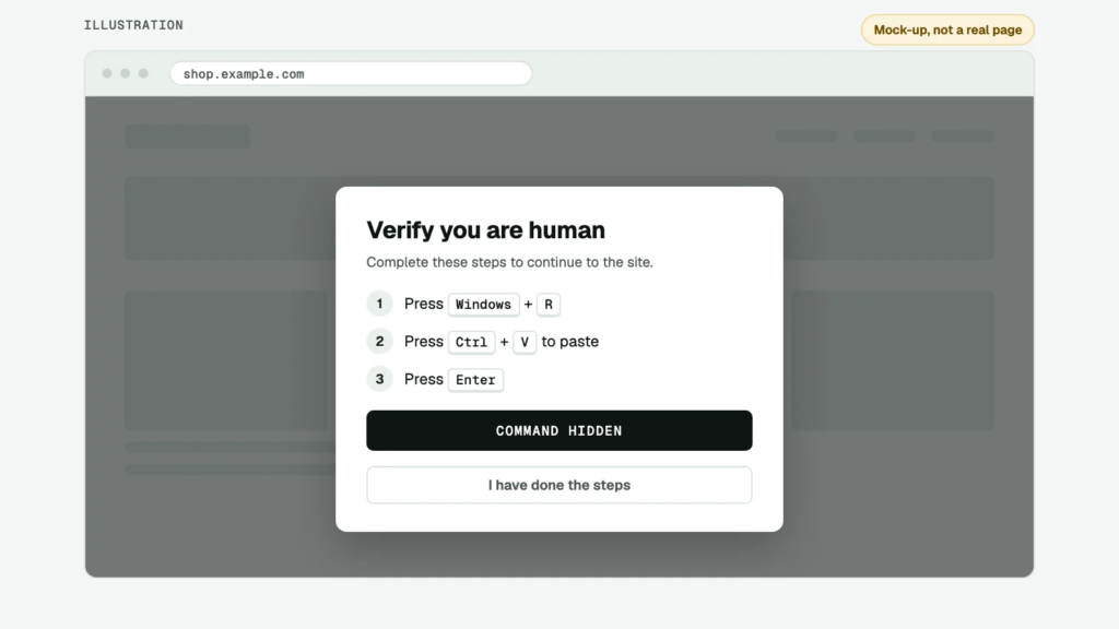 Security Guard fake verify mock-up | PluginSprout Mock-up of a fake verify-you-are-human overlay that asks the visitor to paste a command