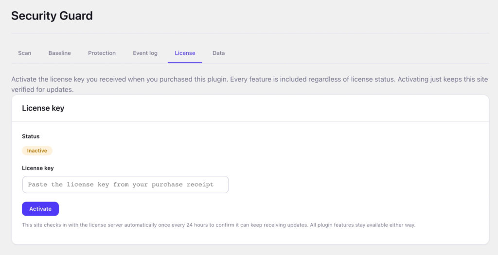 Security Guard License tab | PluginSprout Security Guard License tab: paste the key from your receipt and activate