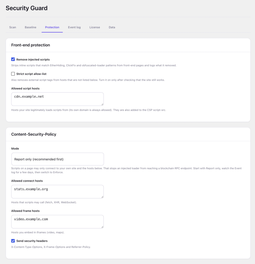 Security Guard Protection tab: the script filter and the Content-Security-Policy in report-only mode