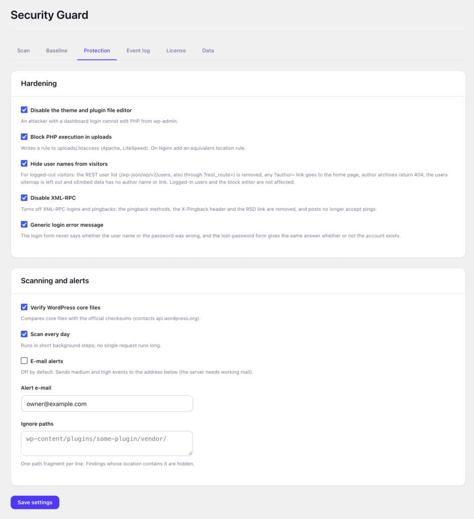 Security Guard hardening settings | PluginSprout Security Guard hardening settings: file editor off, PHP blocked in uploads, user names hidden, XML-RPC off