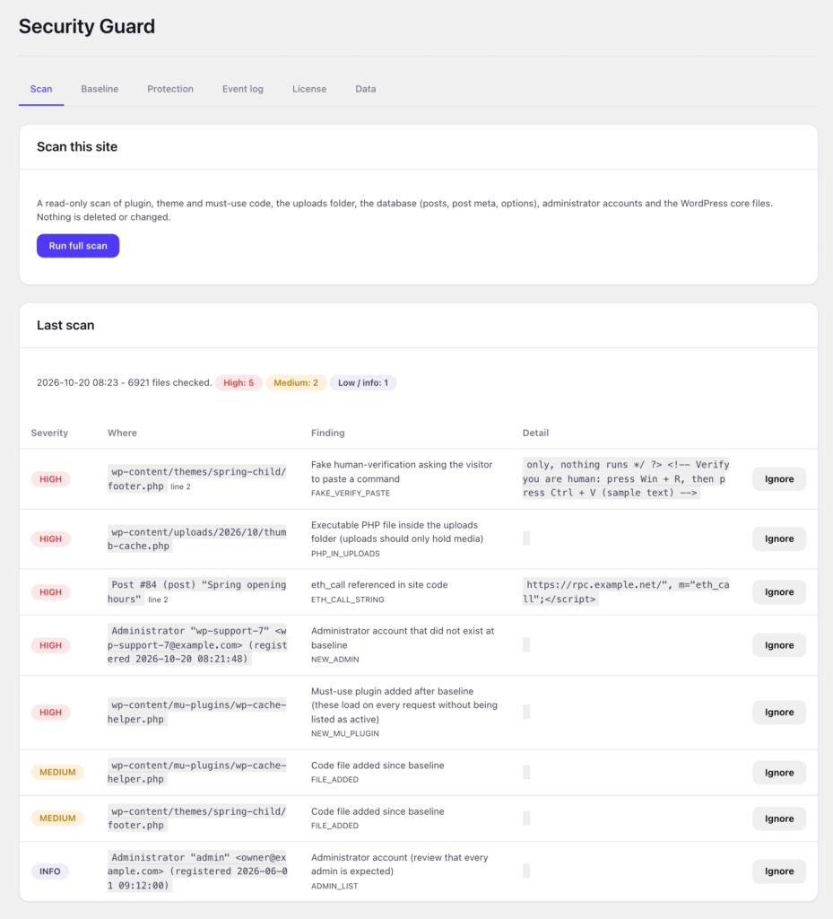 Security Guard Scan tab: run a full scan and read each finding with its file, line and rule